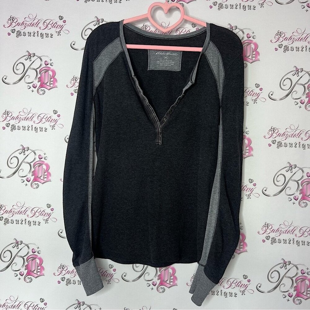 Eddie Bauer Black and Gray Long Sleeve Top thermal waffle knit distressed